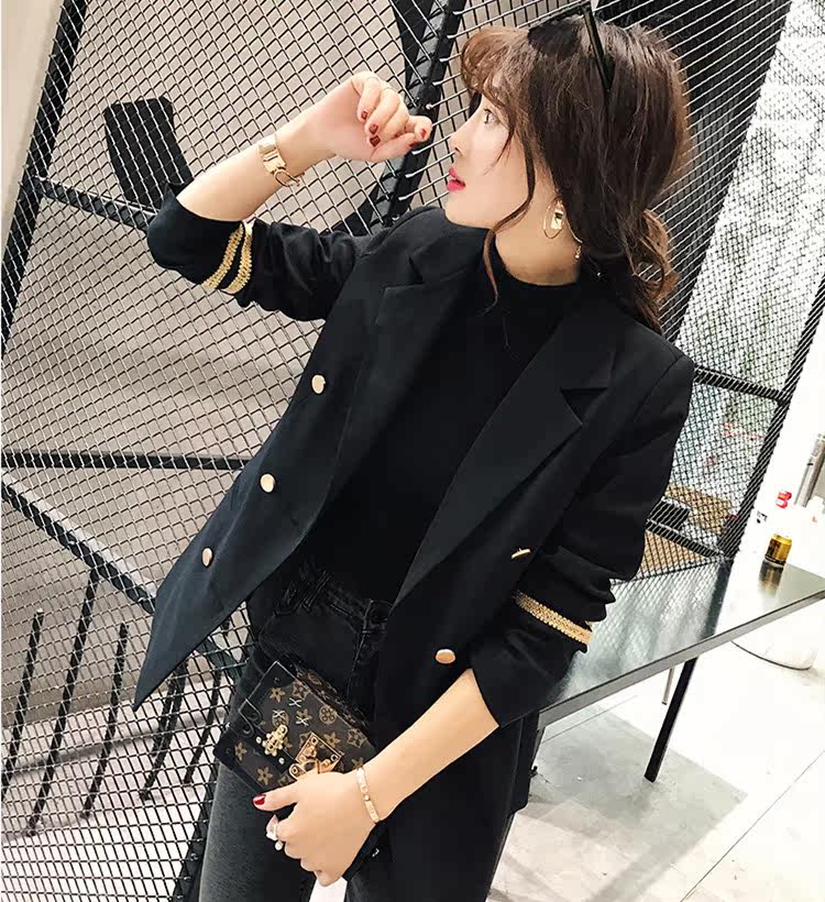 2017秋冬新款海军风小西装外套女宽松显瘦休闲西服百搭双排扣风衣