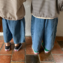 Boy 2021 new autumn cotton stitching jeans female baby tide version hip hop wide leg ankle-length pants straight pants