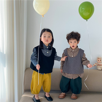 Boy 2022 new autumn clothing pure colour all-cotton waffle waistcoat female baby foreign air short jacket Waistcoat Shoulder Jacket