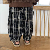 Boy 2021 new spring and autumn cotton hemp Plaid bloomers fat baby Mori loose wide leg nine casual pants