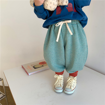Children 2022 fall new full cotton striped light cage pants male and female knitted elastic sports swepants 90% pants