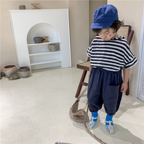 Boy 21 summer new cotton striped hooded short sleeve T-shirt small child foreign-style bat half-sleeve shirt thin