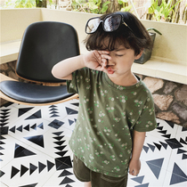 Boy 2021 new summer flower short sleeve T-shirt small child cotton linen half sleeve shirt baby Foreign style round neck top