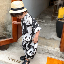Boy 2021 summer new panda print short sleeve children cute loose bloomers ankle-length pants jumpsuit