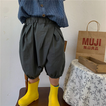 Boys 2021 summer new solid color cotton lantern Capri pants small children Foreign style loose casual five-point pants