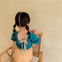 Female children 2021 summer new cotton short sleeve T-shirt female baby Foreign style cute bow half sleeve shirt