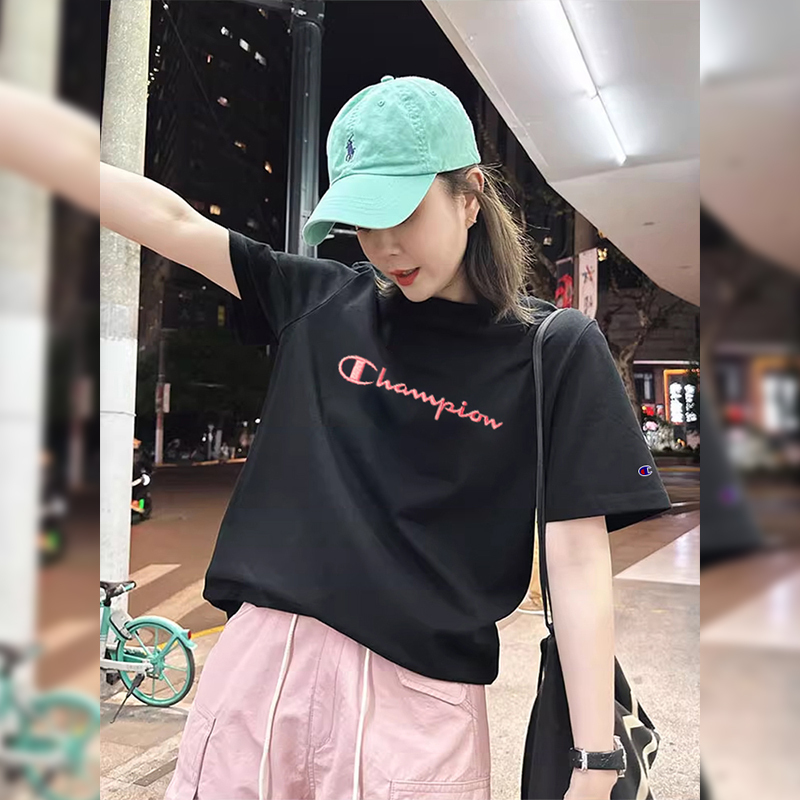 Japanese Style Champion Summer Round Neck Regular Shoulder Embroidered Short-Sleeve T-Shirt for Women, Black Pure Cotton Loose Versatile Top Trendy