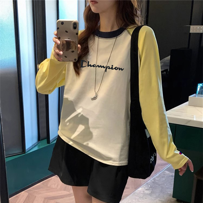 Japanese Version Champion 2026 Autumn Color-Block Raglan Long-Sleeve T-Shirt for Women, Loose Round Neck Versatile Embroidered Base Shirt Trendy