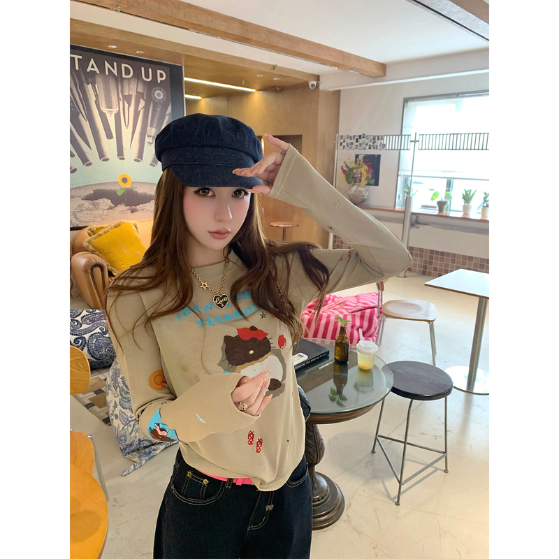 Xue Kekeng Cappuccino Kt Base Long-Sleeve T-Shirt for Women, Early Autumn, Everyday Wear, Slim Fit, Stylish Top