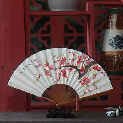 Folding fan 8 inch hand-painted rice paper ancient fan Chinese style high-grade jade bamboo gift fan landscape calligraphy men and women literary fan