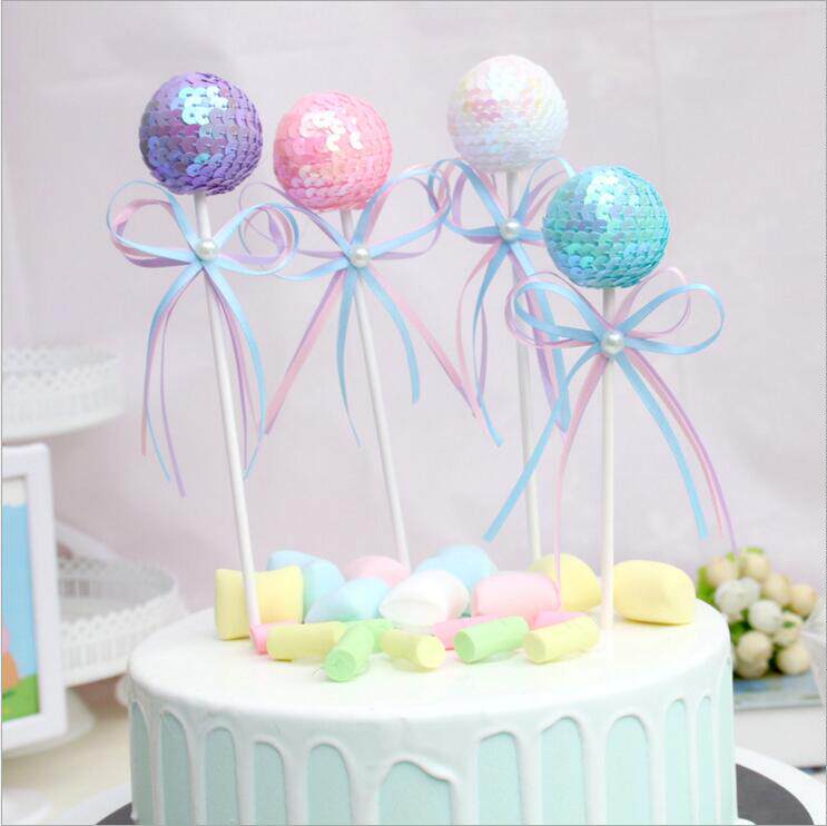 New four-color romantic sequins ball cake decoration flag plug-in party creative dessert table decoration