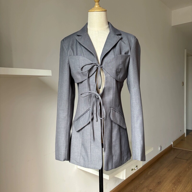 2026 Spring New Ol Style Solid Color Slimming Waist-Tie Patchwork Strapless Women's Blazer Suit Jacket