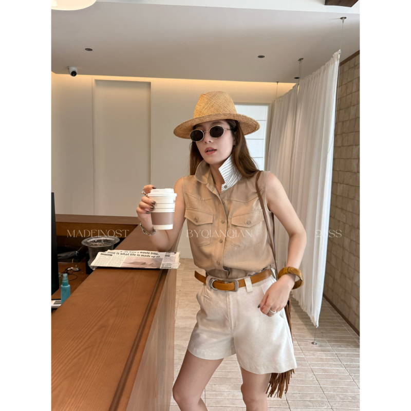 Madein Ost-26 Summer New 95% Tencel American Retro Workwear Sleeveless Shirt 91586