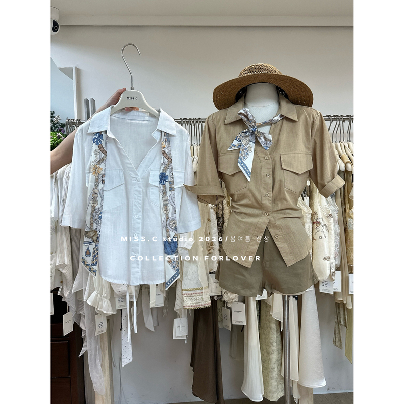 Miss.C-26 Summer New Old Money Style Waist-Cinched Double Pocket Short Sleeve Shirt (with Silk Scarf) 8530 Miss.C-26 Summer New Old Money Style Waist-Cinched Double Pocket Short Sleeve Shirt (with Silk Scarf) 8530