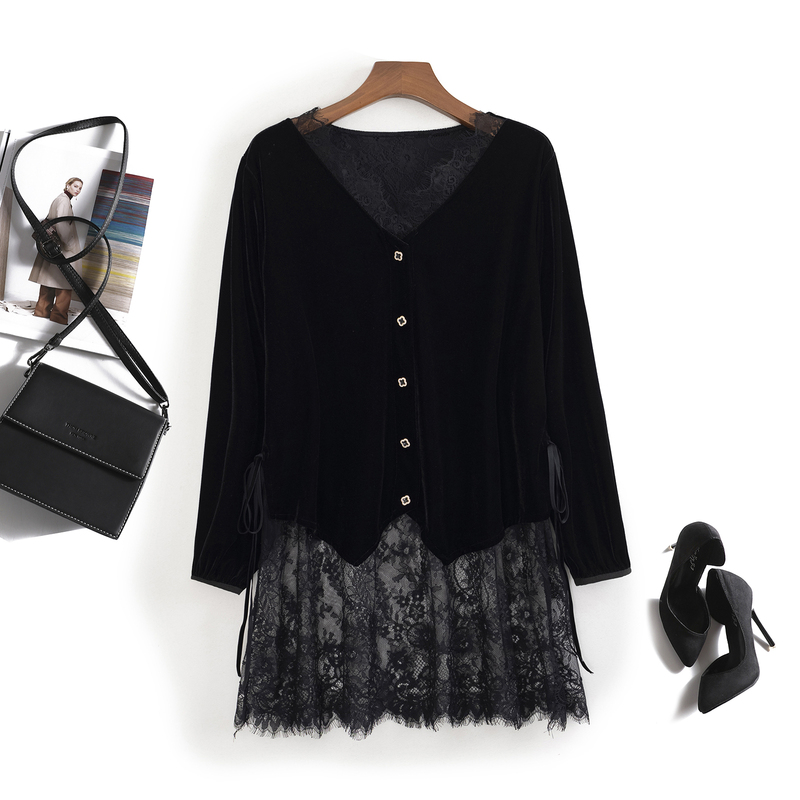 Designed Lace Patchwork Velvet Shirt for Women, Autumn European Style Mid-Length Shirt, 2024 New Large Size Top