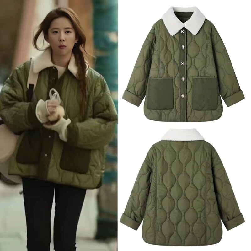 The Story of the Rose Liu Yifei's Same Style Lamb Wool Color-Blocked Lapel Jacket for Women, Super Nice-Looking Quilted Cotton Coat for Winter