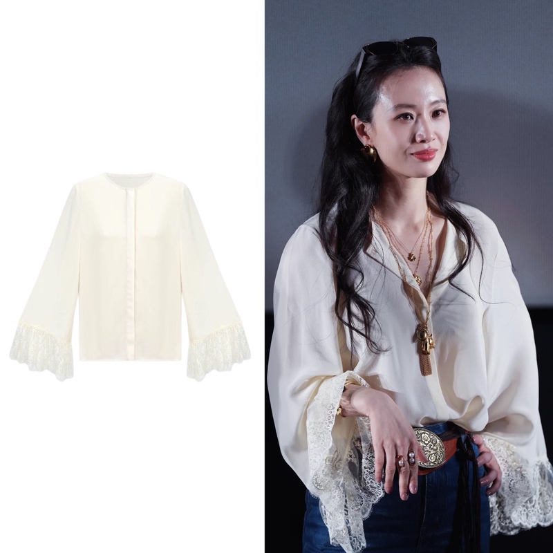 Li Meng's Same Style Off-White Stunning and Unique Lace Bell-Sleeve Top for Women, Very Beautiful and Versatile Satin Long-Sleeve Shirt