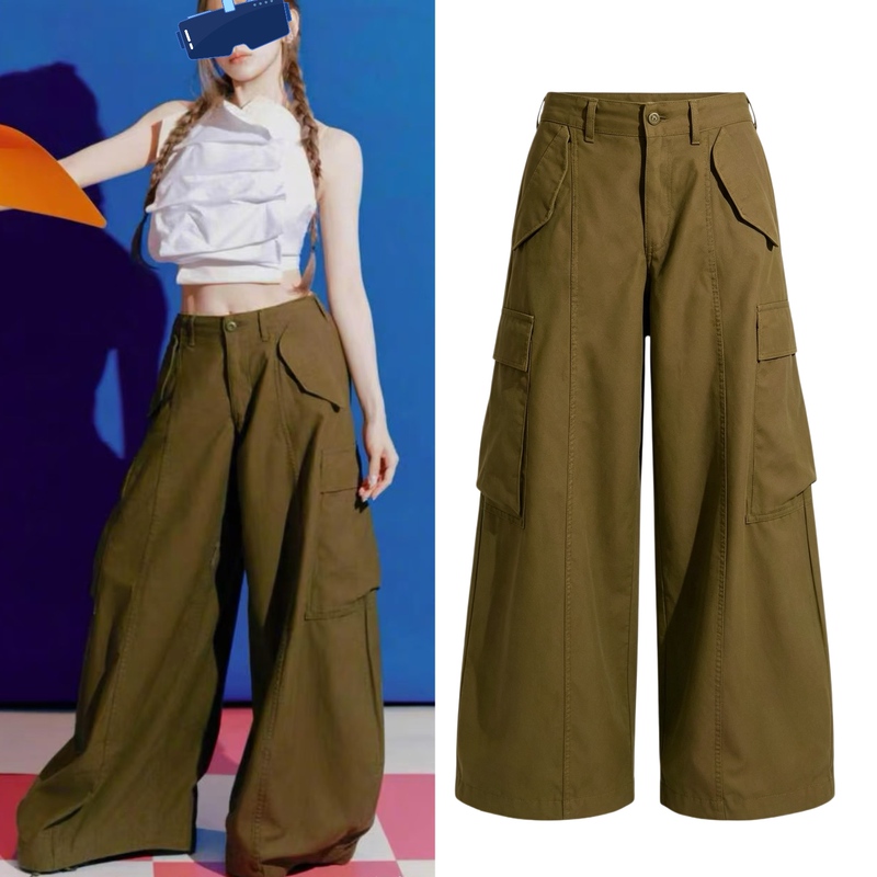 Cyndi Wang Style Army Green American Retro High-Waisted Slimming Wide-Leg Pants Women's Multi-Pocket Casual Cargo Pants