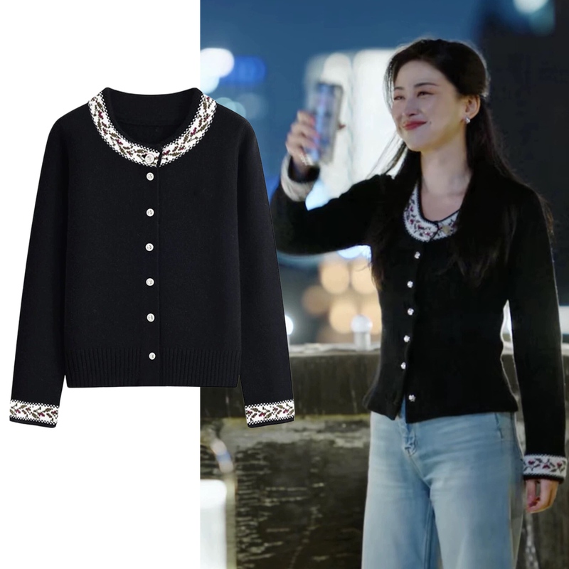 Black Ethnic Style Color-Blocking Slimming Chanel-Style Knitted Cardigan Sweater Jacket, Similar to the One Worn by Zhu Zhu Xu in the Drama
