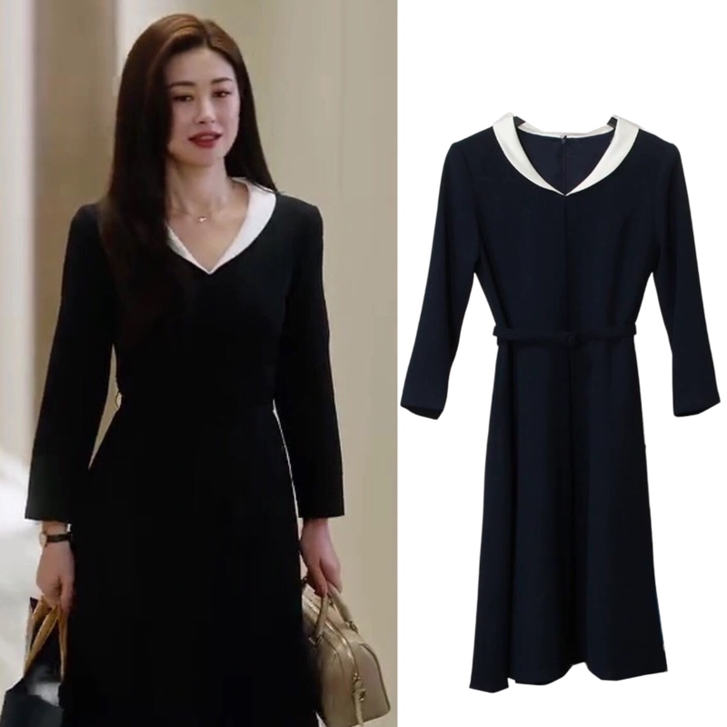 Vintage Doll Collar Waist-Cinching Slimming Long Hepburn-Style Black Dress for Women, Same Style as Xu Miyu from the Series "Honey Language."
