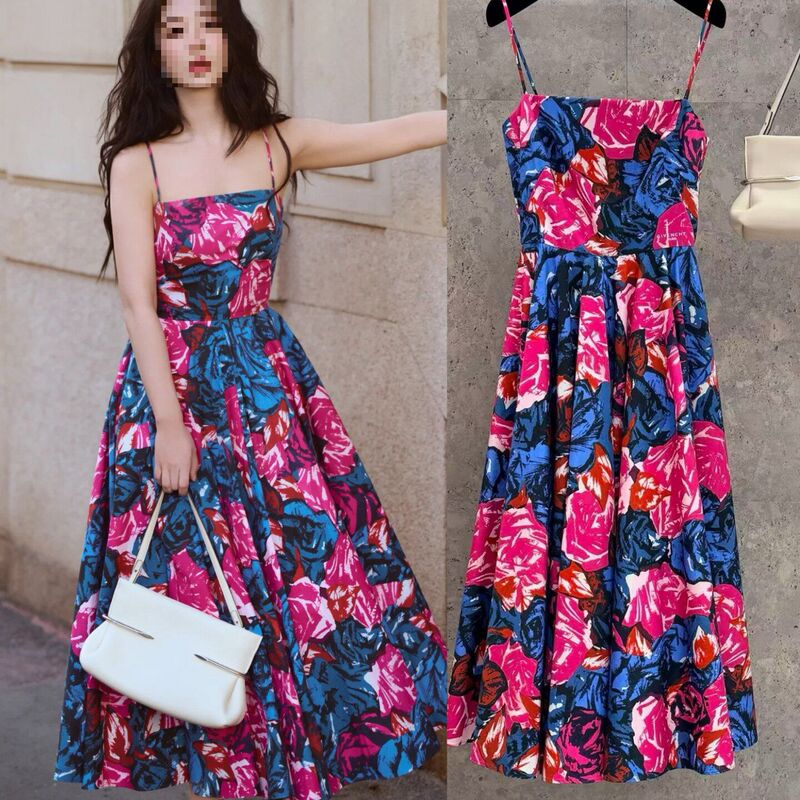 Yang Zi's Same Style Retro Rose Print Spaghetti Strap Dress, Summer Waist-Cinching Slimming Vacation-Style Mid-Length Dress Yang Zi's Same Style Retro Rose Print Spaghetti Strap Dress, Summer Waist-Cinching Slimming Vacation-Style Mid-Length Dress