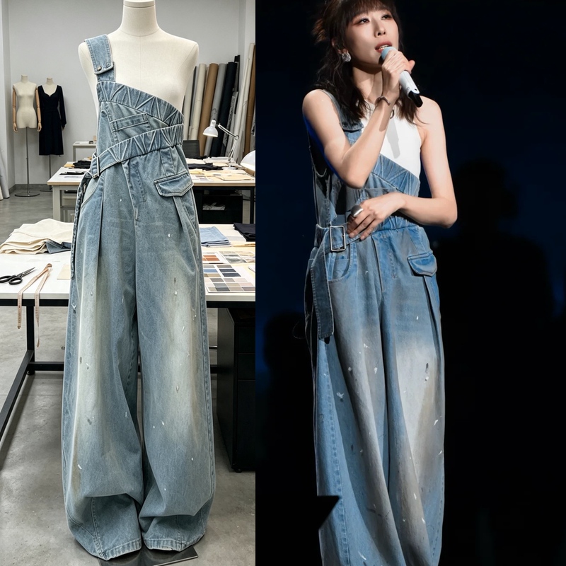 Ren Suxi Style Faux Two-Piece Patchwork Overalls Long Dress Sleeveless Waist-Cinching Paint Graffiti Denim Dress Ren Suxi Style Faux Two-Piece Patchwork Overalls Long Dress Sleeveless Waist-Cinching Paint Graffiti Denim Dress