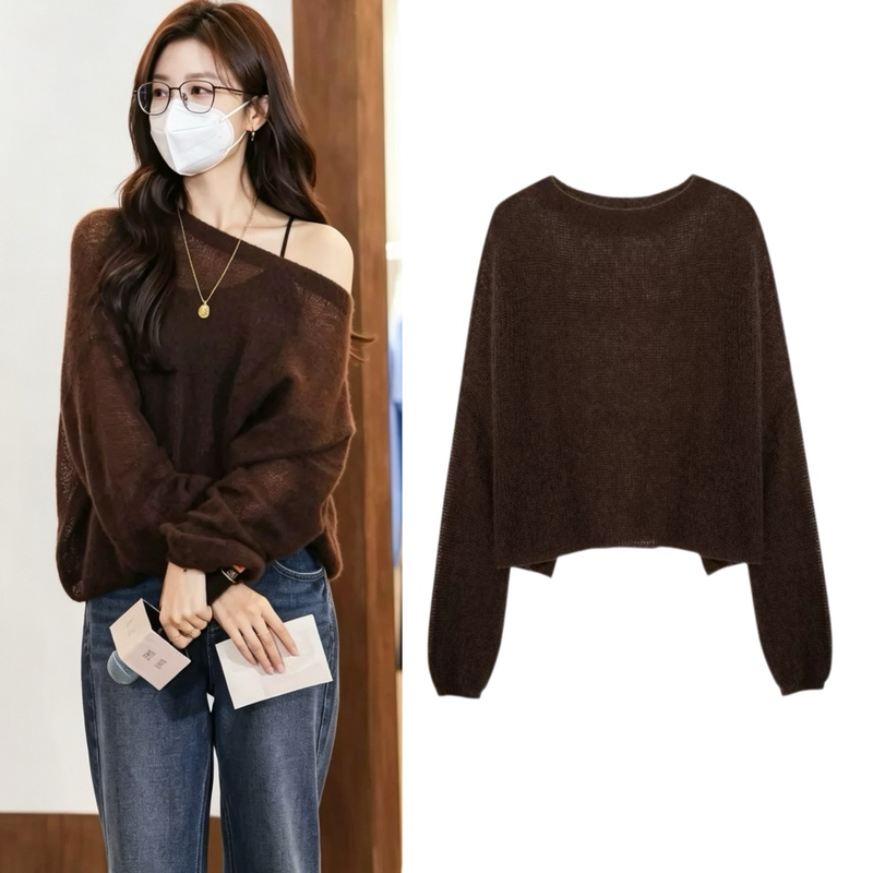 Early Spring Sunny Weather, Sun Qian's Same Style Brown Relaxed Casual Versatile Slanted Neck Knit Sweater for Women Pullover Sweater Early Spring Sunny Weather, Sun Qian's Same Style Brown Relaxed Casual Versatile Slanted Neck Knit Sweater for Women Pullover Sweater