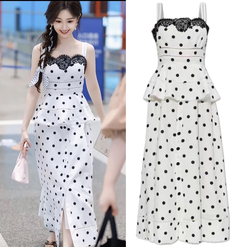 Mao Xiaotong's Same Style White Lace Patchwork French Polka Dot Long Dress for Women, Summer Ruffled Slimming Strap Dress