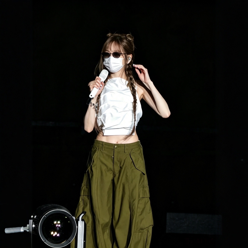 Cyndi Wang Style Army Green Workwear-Style Wide-Leg Pants Set for Women, Korean Style Petite Halter Neck Sleeveless Tank Top