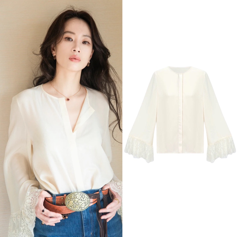 Li Meng's Same Style White French Retro Layered Versatile Top for Women with Lace Bell Sleeves and Satin Shirt Jacket
