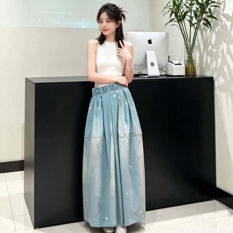 Ren Suxi Style Faux Two-Piece Sleeveless Vest Dress for Women, Summer High-End Slimming Wide-Leg Graffiti Denim Dress