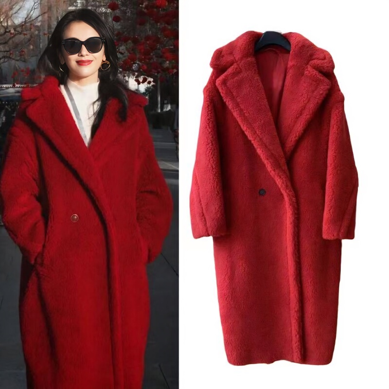 Spring Festival Gala Liu Tao Style Bright Red Teddy Bear Coat for Women, Winter Thickened Warm Camel Wool Lamb Fur Coat