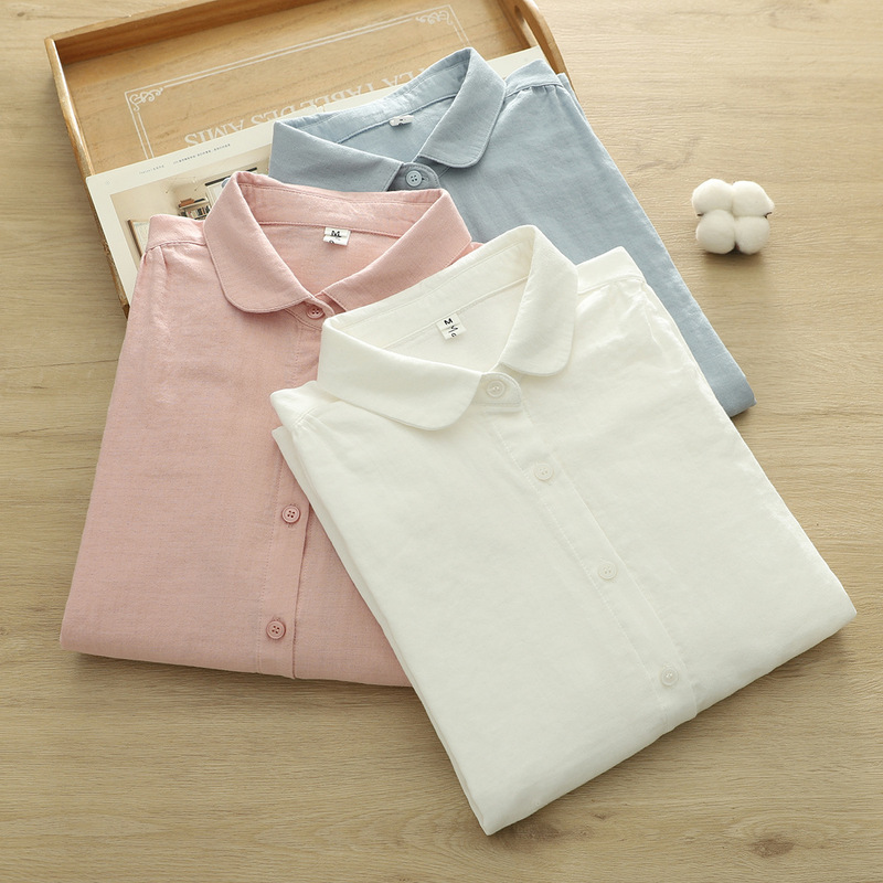 Small Round Neck Pure White Shirt for Women, Long-Sleeved Versatile Pure Cotton Gauze Shirt, 2025 Spring and Autumn New Style, Artistic Casual Top