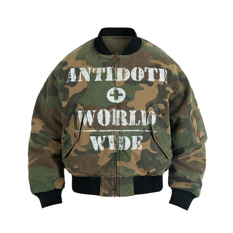 Antidote Reversible Camouflage Flight Jacket for Men, Thickened Cotton Short Bomber Jacket with Spray Paint, Winter