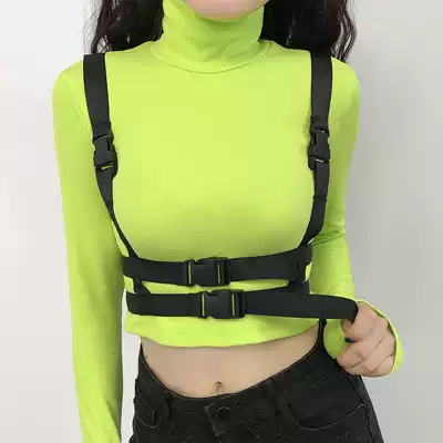 European and American Street trendsetter fluorescent green personality long sleeve T-shirt schoolbag buckle design tight body slim high neck top