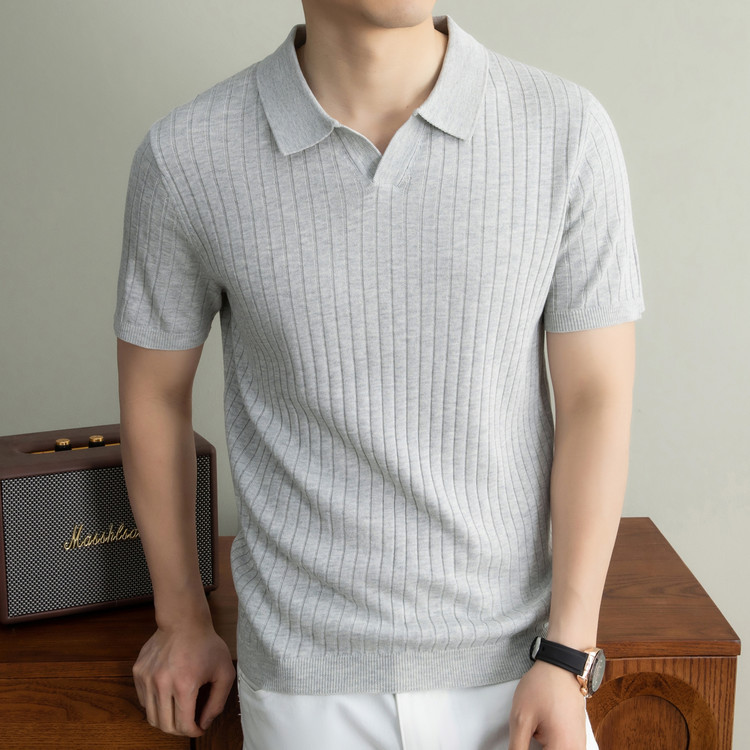 Summer Fine-Spun Wool Polo Shirt for Men, Short-Sleeved Mulberry Silk Linen T-Shirt, Seagull Collar, Knitted Half-Sleeve Shirt