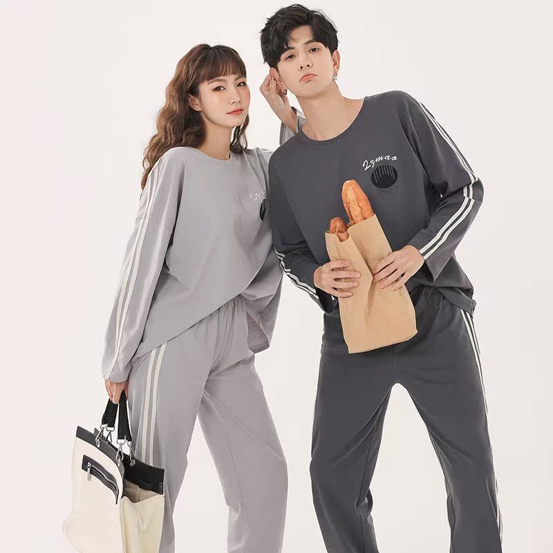 MILL TOWN Japanese autumn and winter couple pajamas set long-sleeved round neck cotton loose men's simple women's home clothes