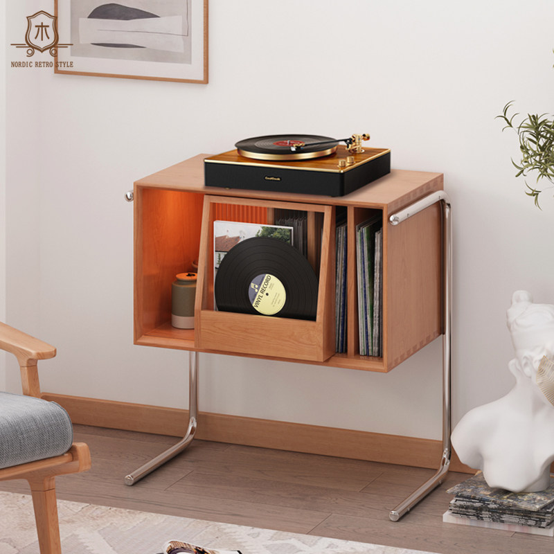 Solid wood with lamp suspended black gum record containing layer Shelf Black Gel Record Cabinet Album rack Stainless Steel CD Racks