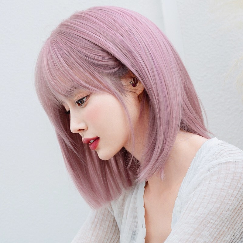 Korean-Style Wig for Women, Japanese Short Hair, Pink Lolita Natural Wool Curls, Student Cosplay, Summer Age-Reducing Full Wig