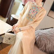 Improved Version Qipao Womens Summer New China Wind Retro Emulation Silk Medium Long Section Loose of Thin Veil and Dress Shirt