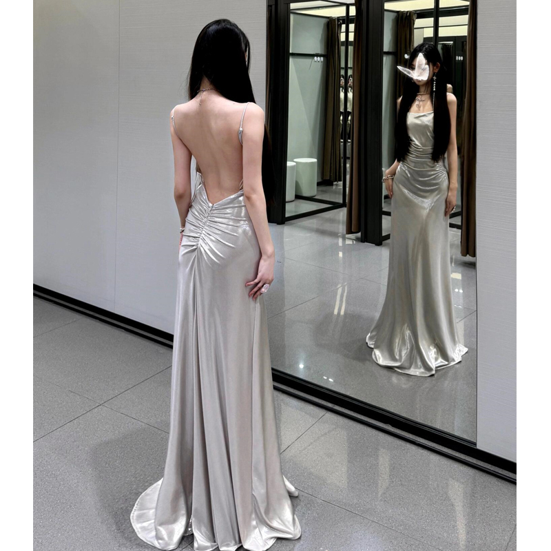 Silver, Stunning, High-End, Elegant, Pleated, Waist-Cinching, Backless, Long Strapless Evening Gown Dress 0013413