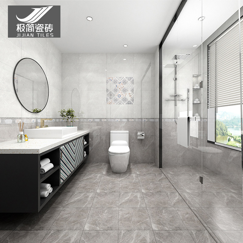 Modern minimal gray wall tile kitchen toilet 300x600 balcony bathroom toilet with skid floor tile