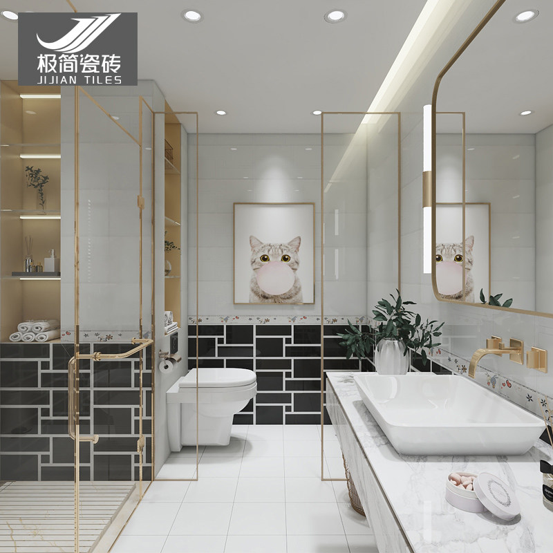 Black and white checkered tile 300x600 Kitchen Toilet Wall Brick Bathroom Toilet Bathroom balcony anti-slip floor tiles-Taobao