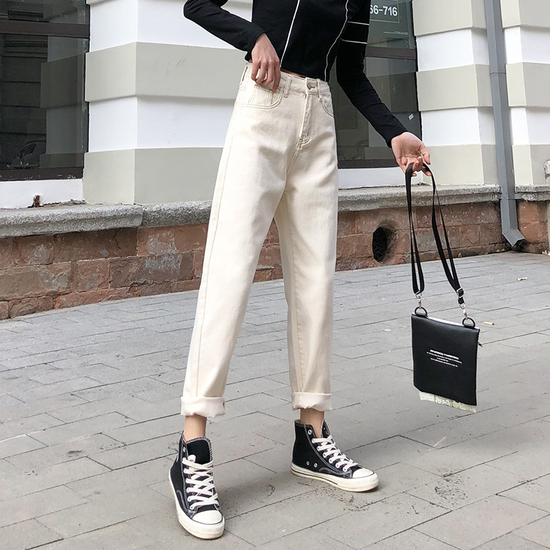 Jeans woman 2022 spring autumn new high waist loose rice white Harlan straight cylinder wide leg slim rounder and old daddy pants