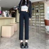 Джинсы, осенние приталенные черные штаны, свободный прямой крой, высокая талия, подходит для подростков