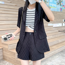 Ice Silk Suit Jacket Woman Summer Thin HIGH-END TEMPERAMENT NAME YUJACQUARD SHORT SLEEVE BLACK DISPLAY SLIM TWO-PIECE SUIT WOMAN