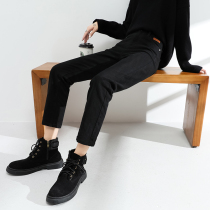 Plus velvet thick black jeans womens straight tube loose autumn and winter slim eight-point pants tide nine small man pipe pants