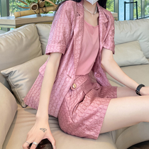 Ice Silk Short Sleeve Suit Jacket Women Dress Summer Thin Korean version Temperament Fashion Real Silk Display Slim Shorts Pink Suit