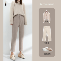 Plus velvet woolen pants womens autumn and winter straight tube loose thin radish casual high waist nine-point Harlem pants thick pipe pants