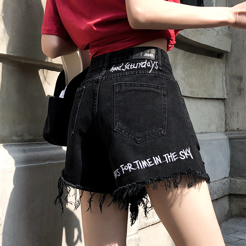 Black Cowboy Shorts Women Summer 2022 New High Waist Display Slim Tide Ins Loose Big Size A Word Fat Mm Broadleg